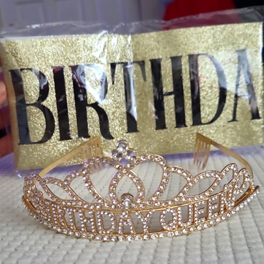 Gold Birthday Queen Tiara and Sash Set